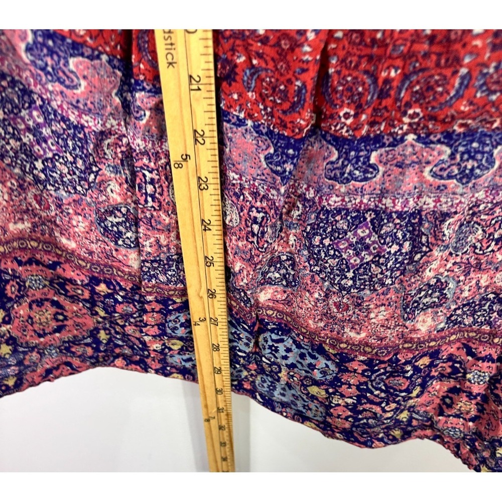 Lucky Brand Womens 3X Tapestry Henley Top Red Blue Geometric Peasant Boho Blouse - Picture 7 of 8